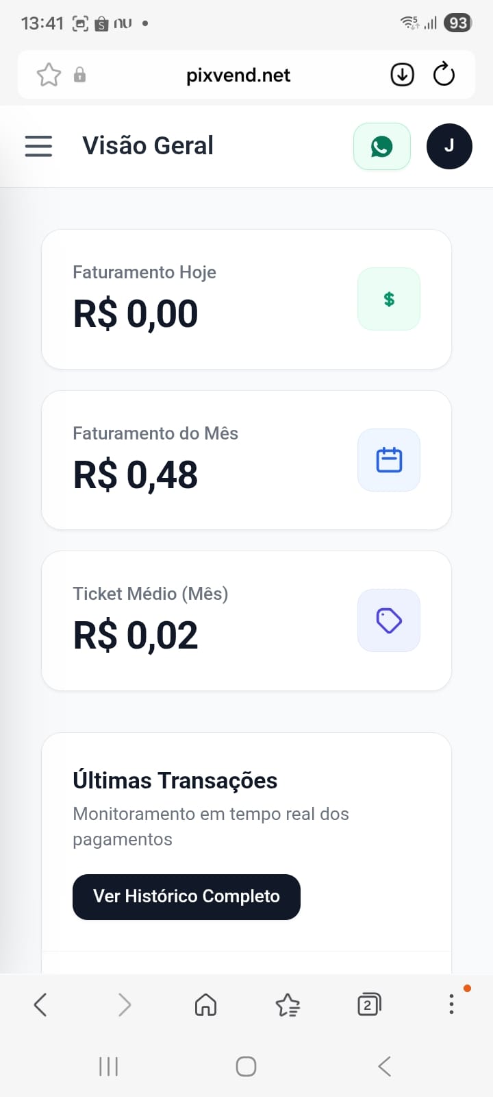 Tela de relatórios e filtros de transações via Pix e Cartão de Crédito